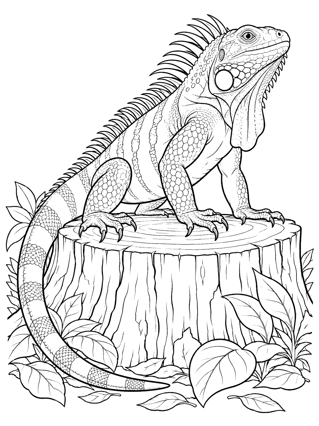 Detailed black-and-white line art of a crested iguana standing on a broad tree stump, with its tail curling beside it and leaves around the base.