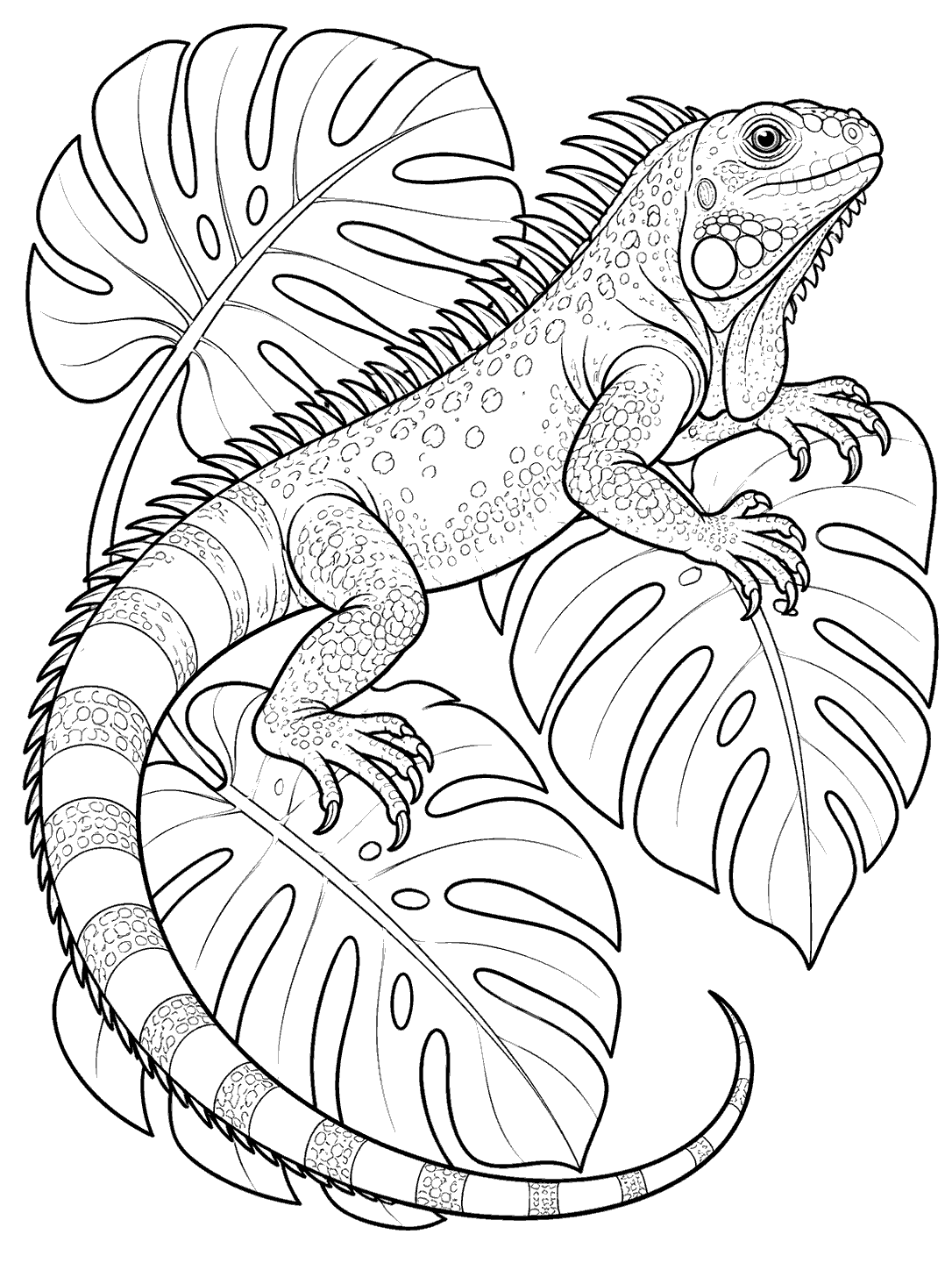 A detailed iguana curls its long tail around three split monstera leaves.