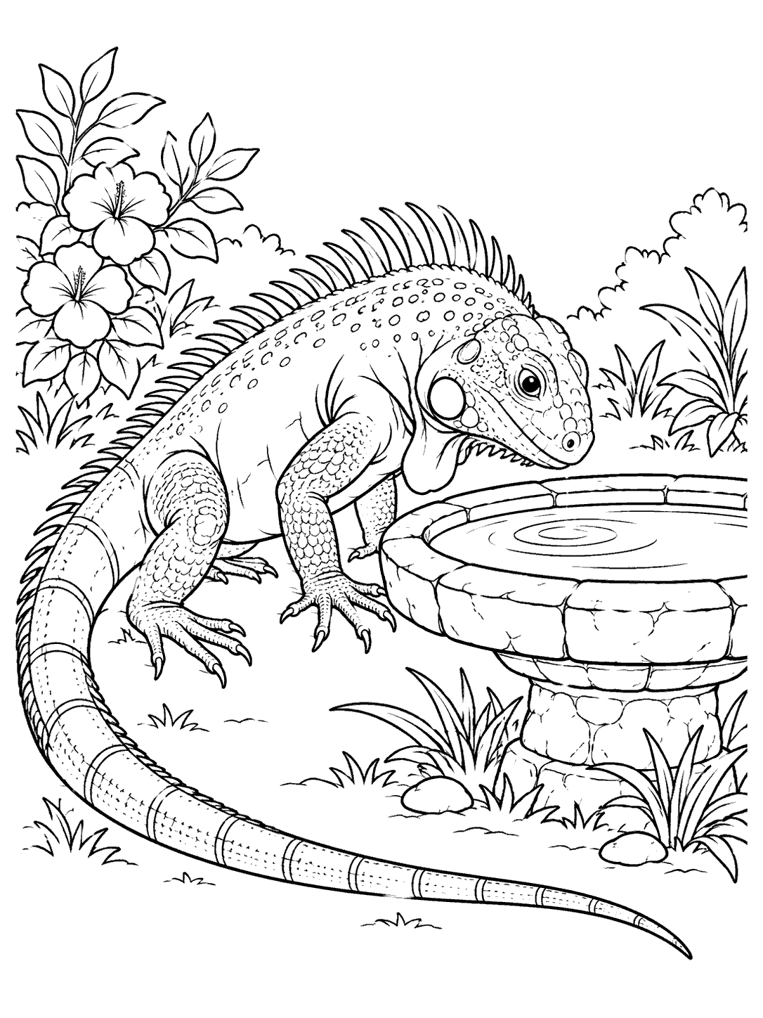 A detailed iguana with a long tail and raised crest beside a shallow stone birdbath, surrounded by garden plants.