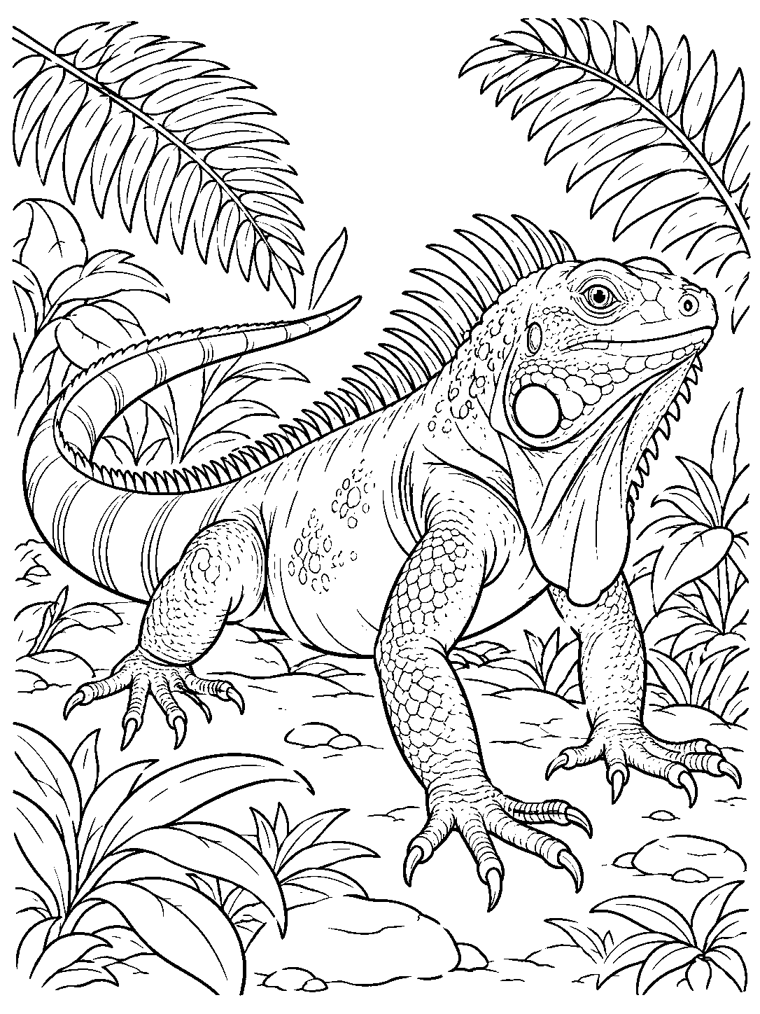 Full-bodied iguana with a spiny ridge and long toes walking among large ferns and ground plants.