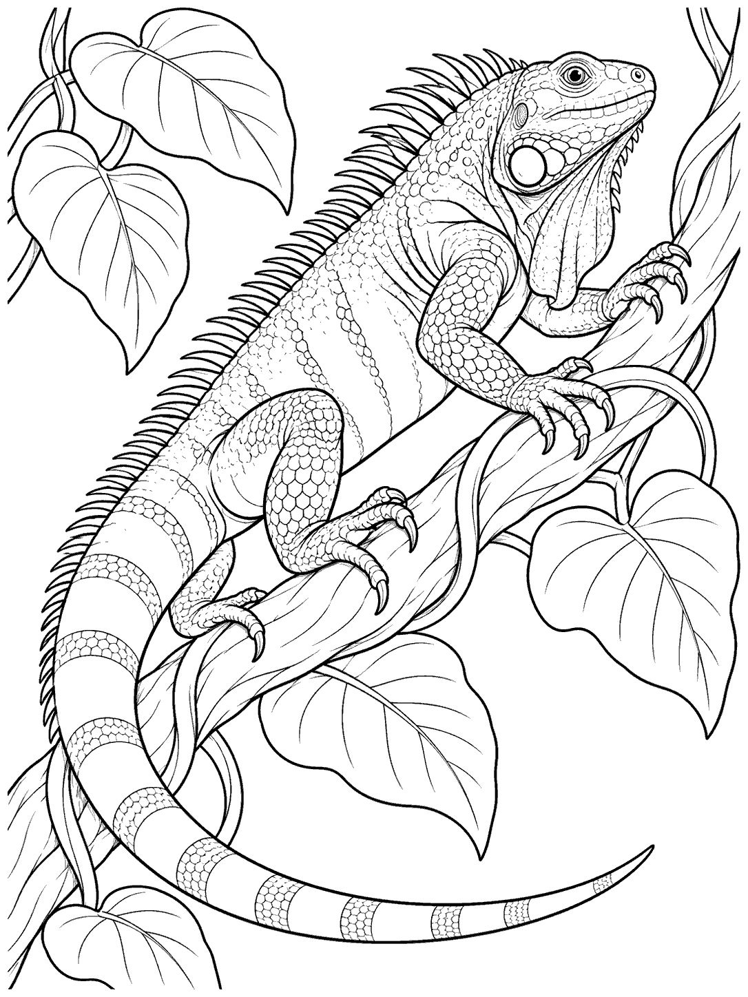 Detailed iguana with a crest and dewlap gripping a curling vine among large leaves, drawn in black outlines.