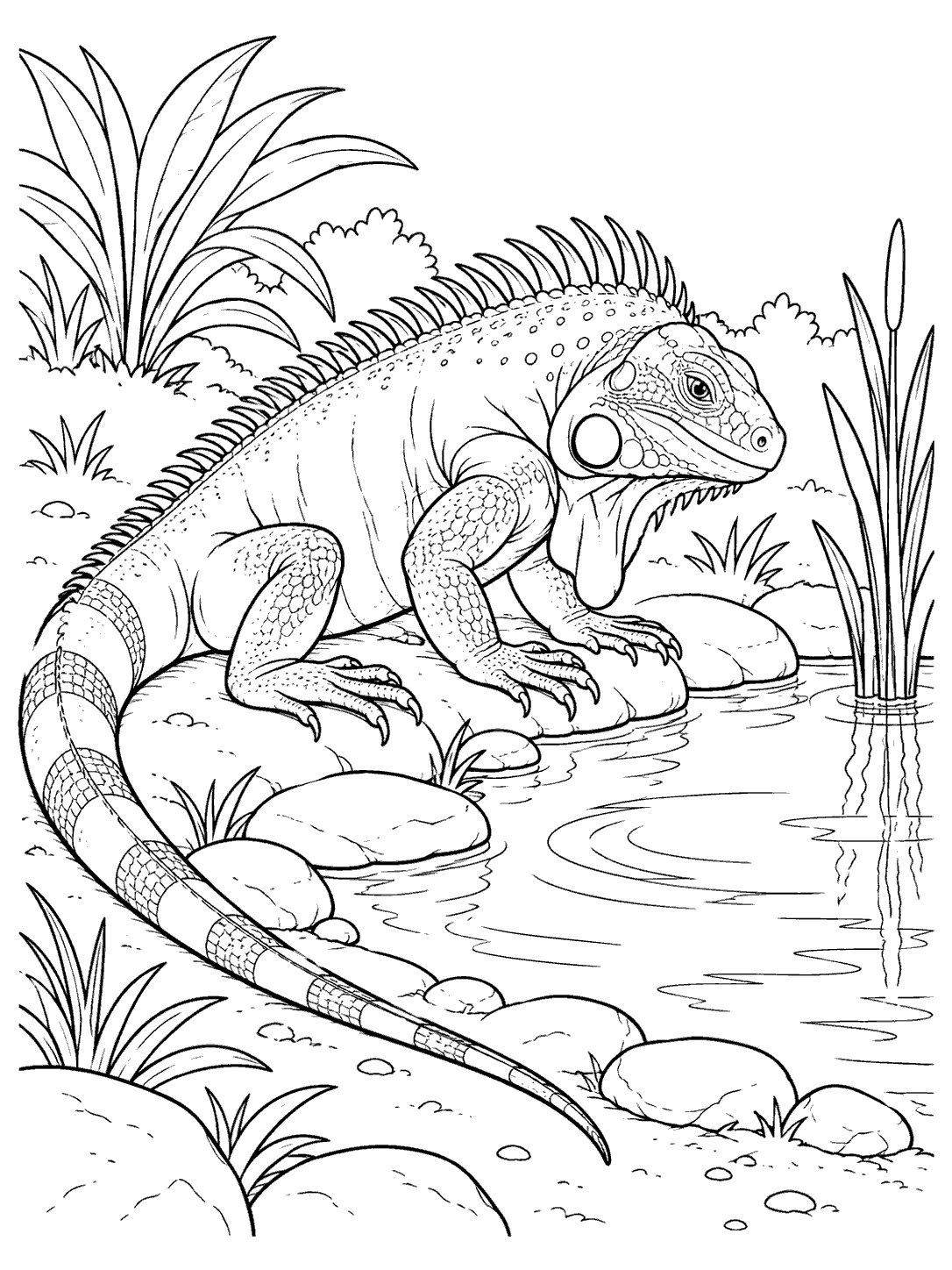 Line art of an iguana resting beside a stone edged pool with reeds and gentle ripples