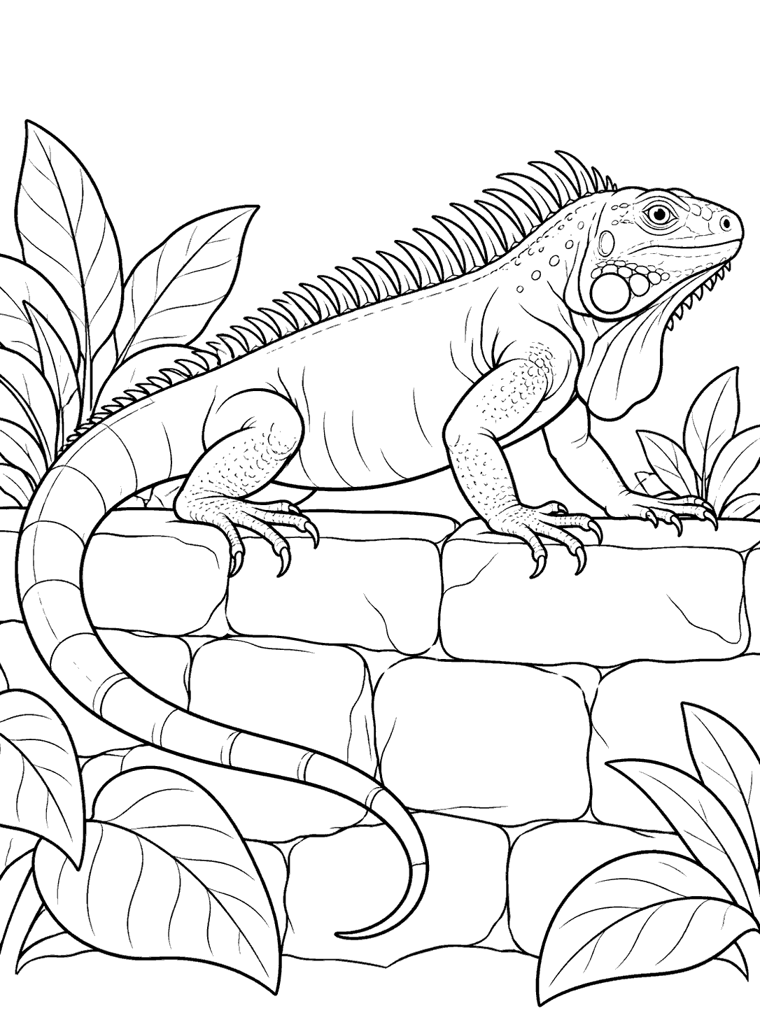 Black ink iguana with a pronounced dorsal crest crawling across a low stone wall among broad leaves, with its tail curling behind it.