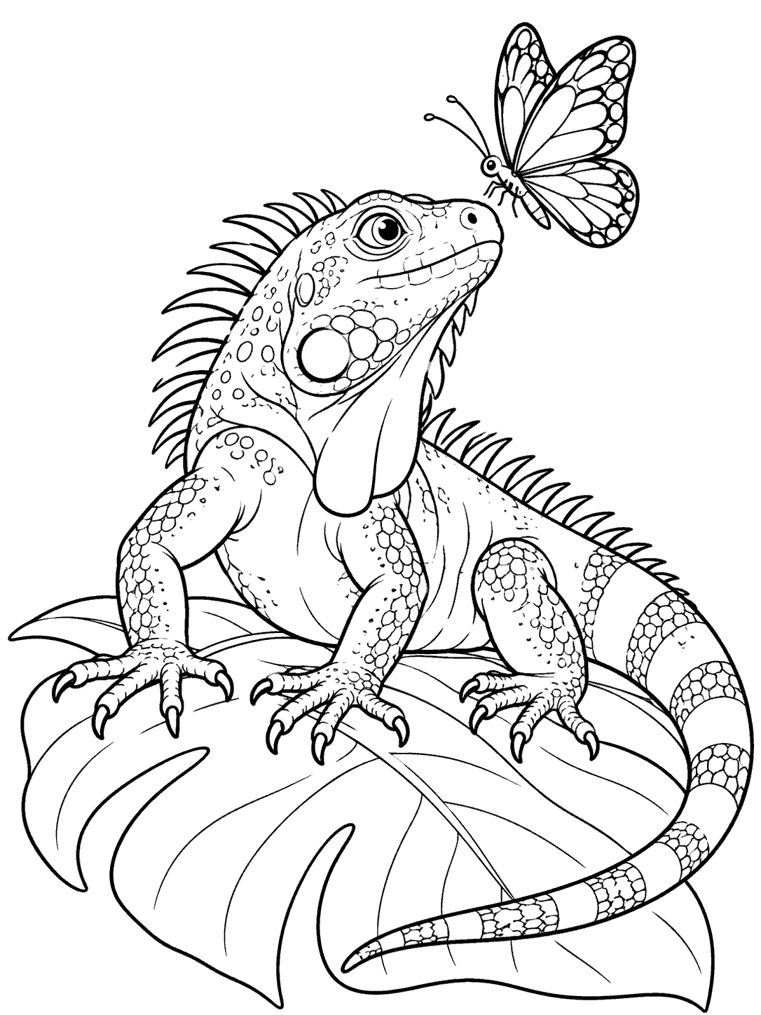 Curious iguana perched on a broad leaf, watching a butterfly hovering above its nose.