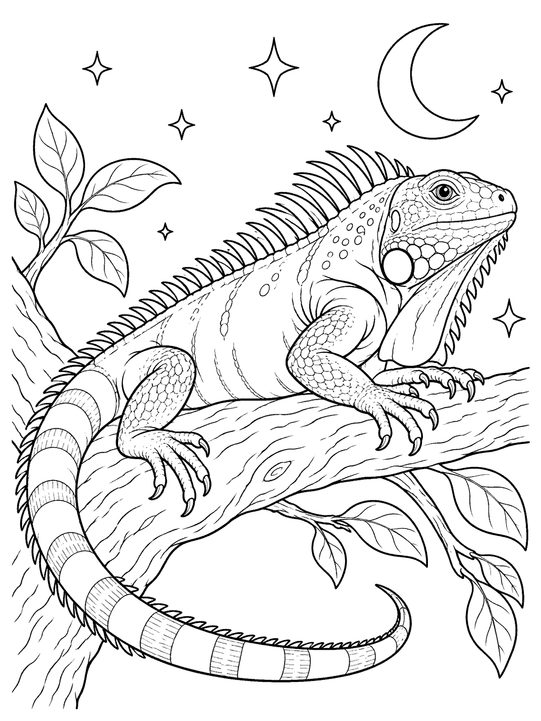 Iguana resting on a branch beneath a crescent moon