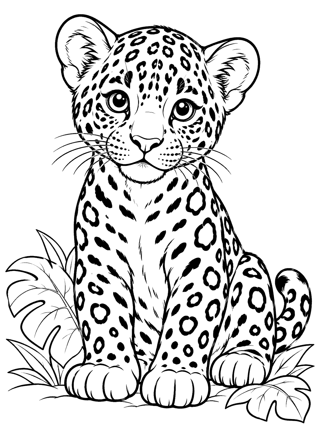 Forward-facing jaguar cub sitting among leaves on a coloring page