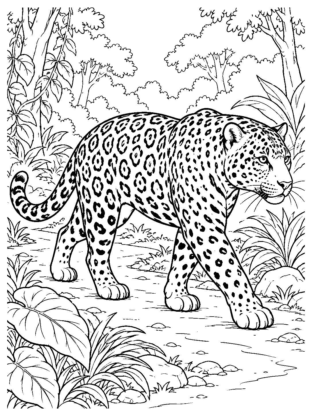 Jaguar walking along a jungle path coloring page