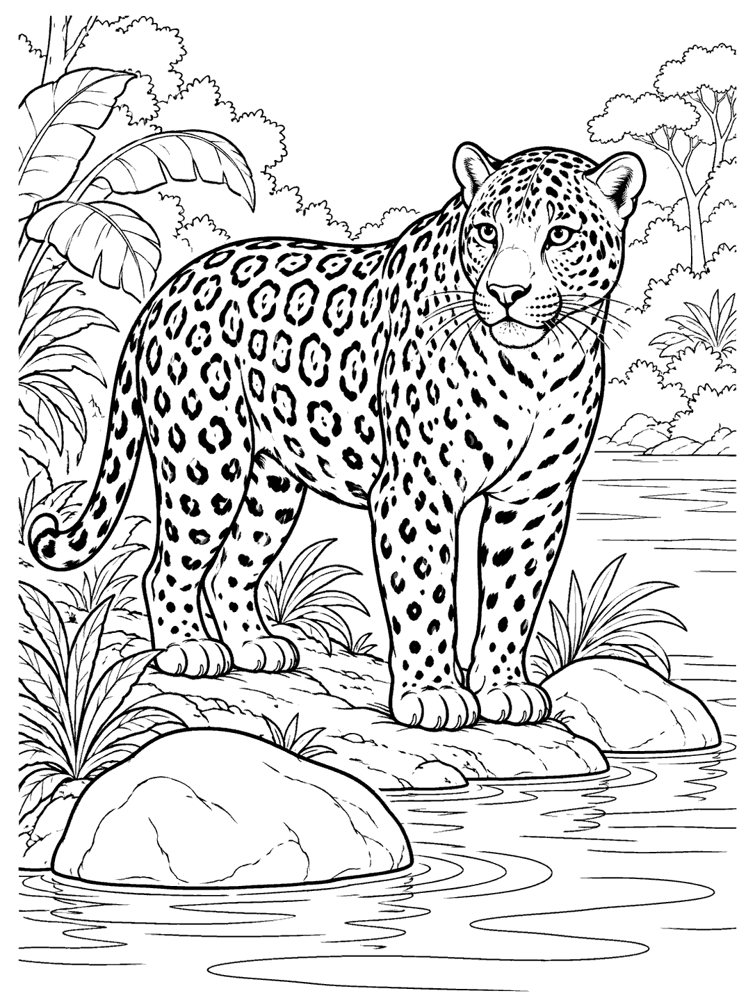 Black-outline coloring page of a spotted jaguar standing beside a rainforest river with stones and plants.