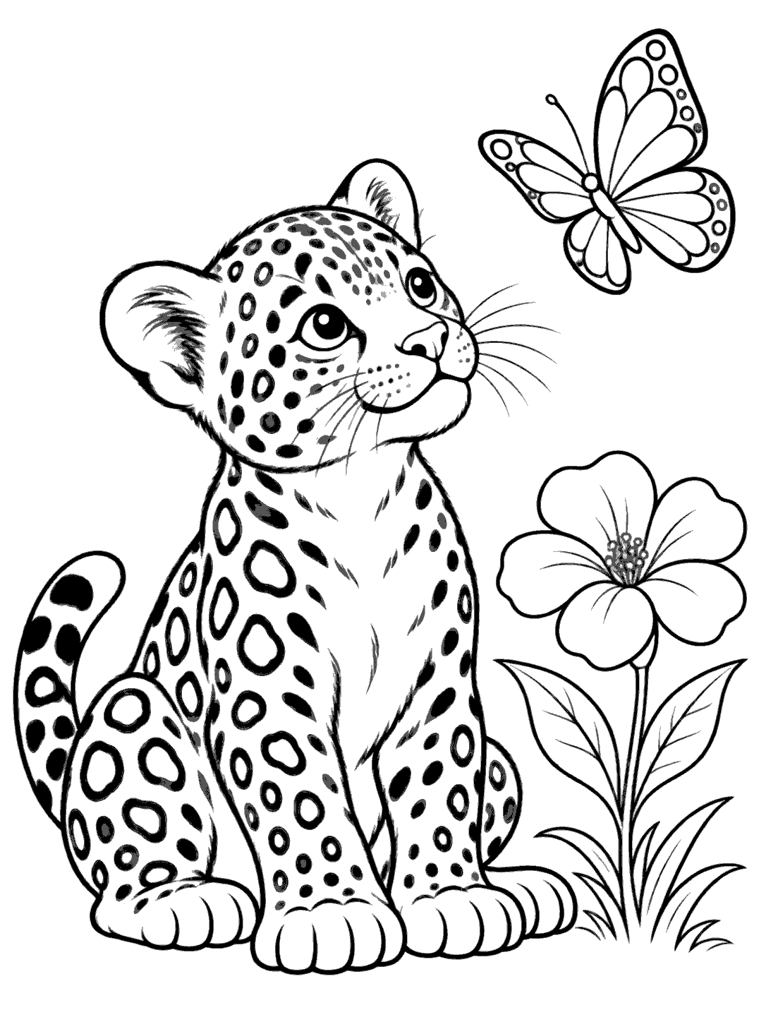Jaguar cub watching a butterfly coloring page