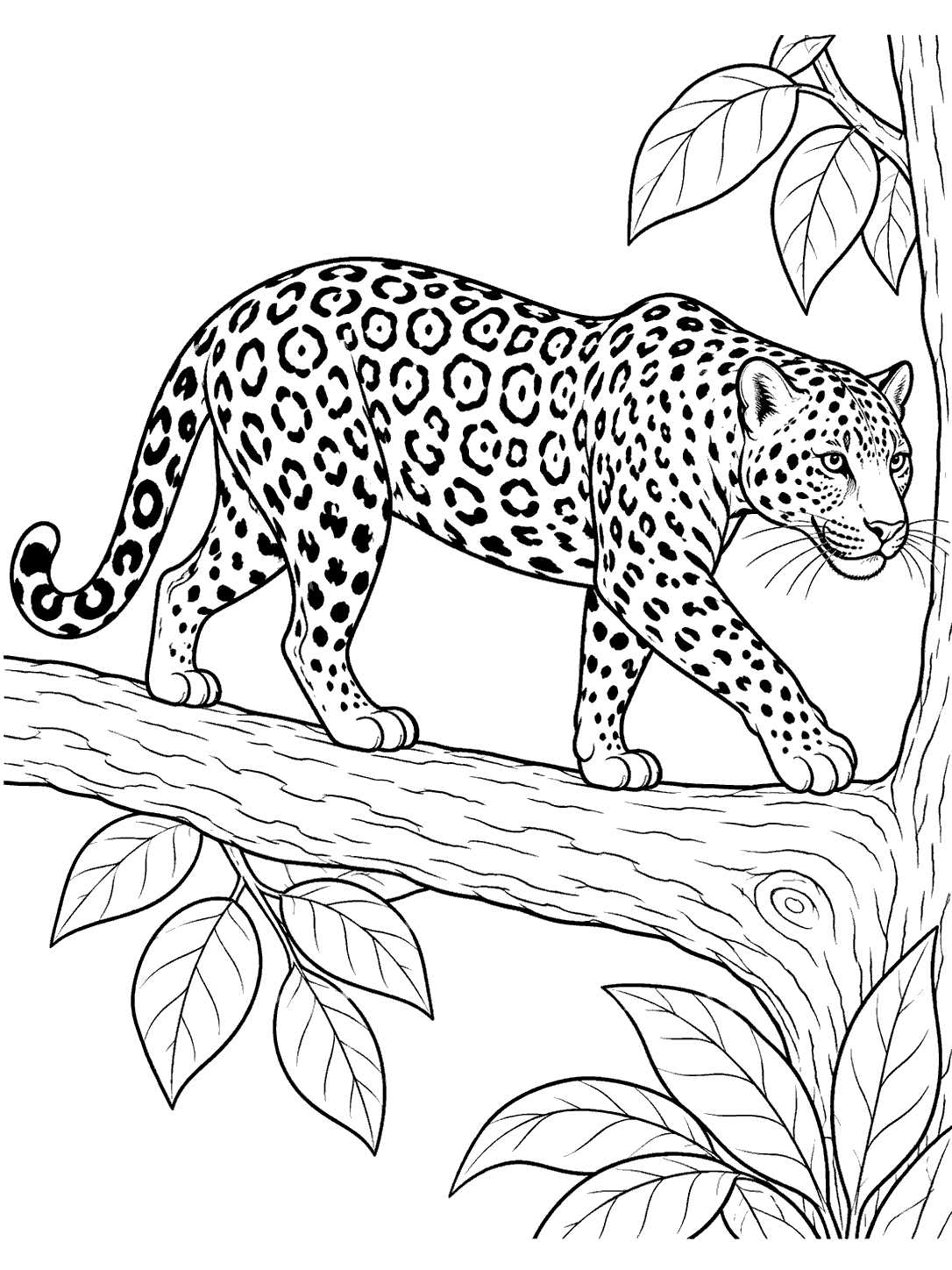Black-outline coloring page showing a full jaguar balancing on a tree branch, with its paws and curled tail visible among large leaves.