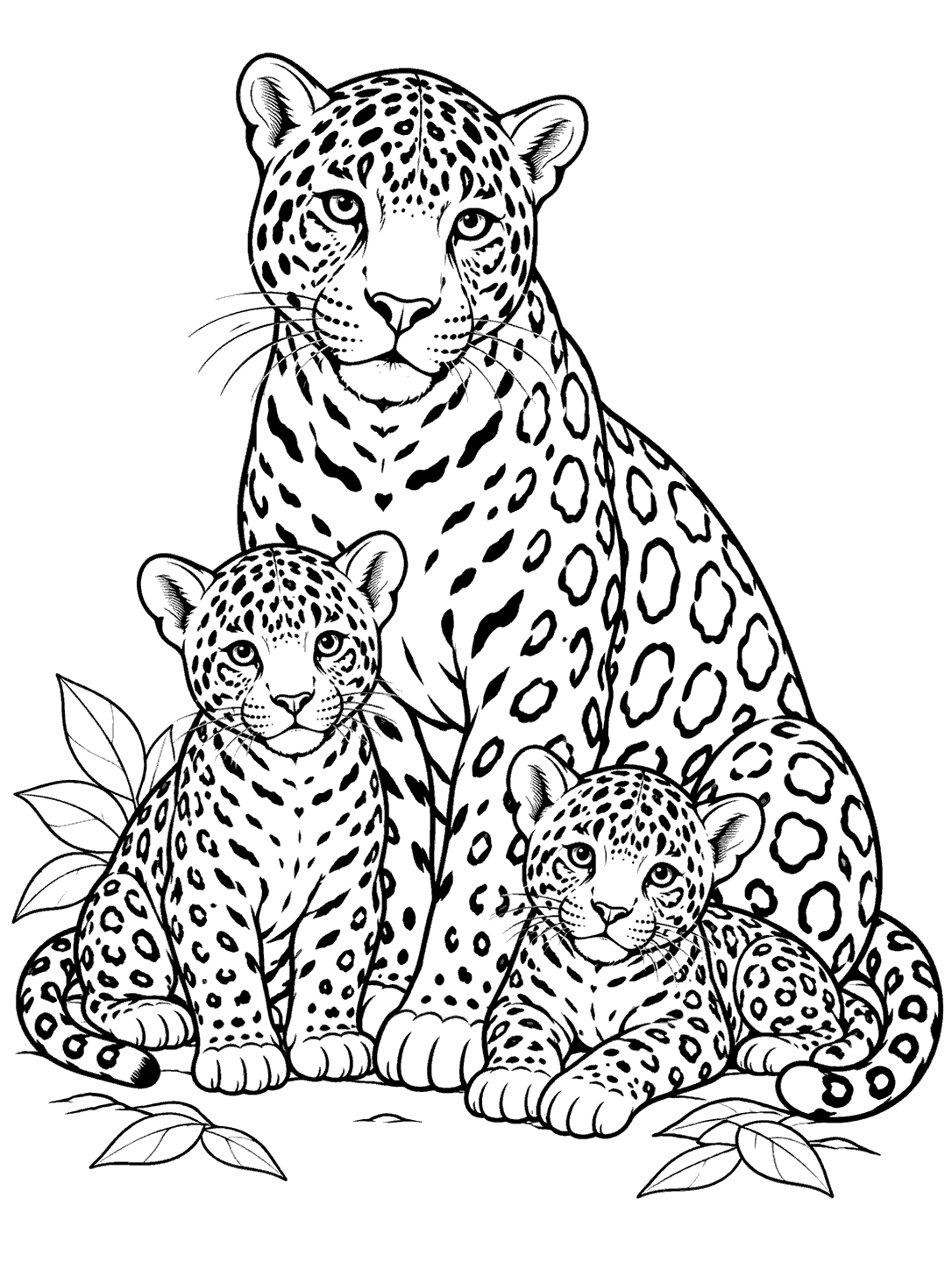 Black-outline coloring page of an adult jaguar sitting protectively beside two cubs, with rosette markings and a few leaves.
