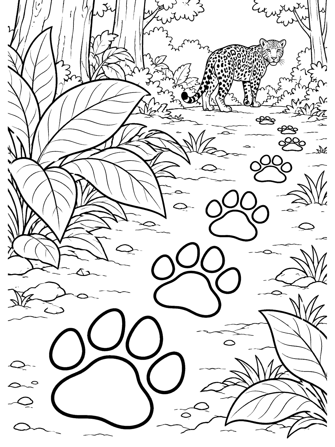 Large jaguar paw prints lead through a leafy forest toward a spotted jaguar in this coloring page.