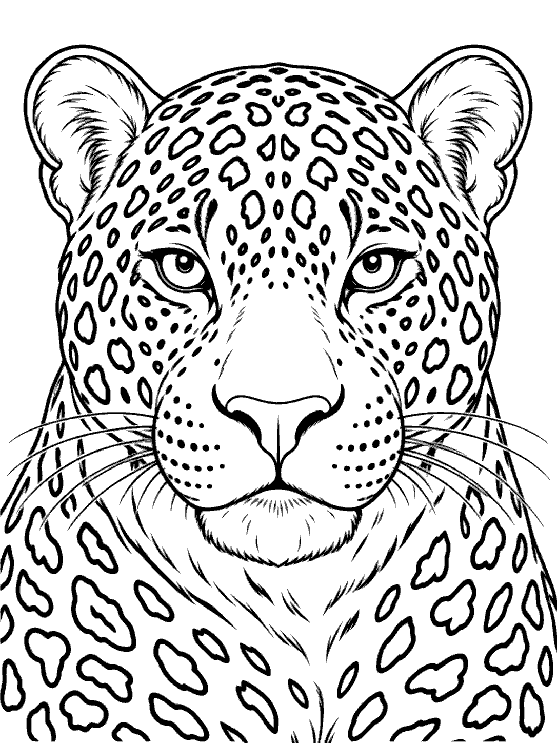 Close-up jaguar face coloring page with rounded ears, facial rosettes, and upper shoulders
