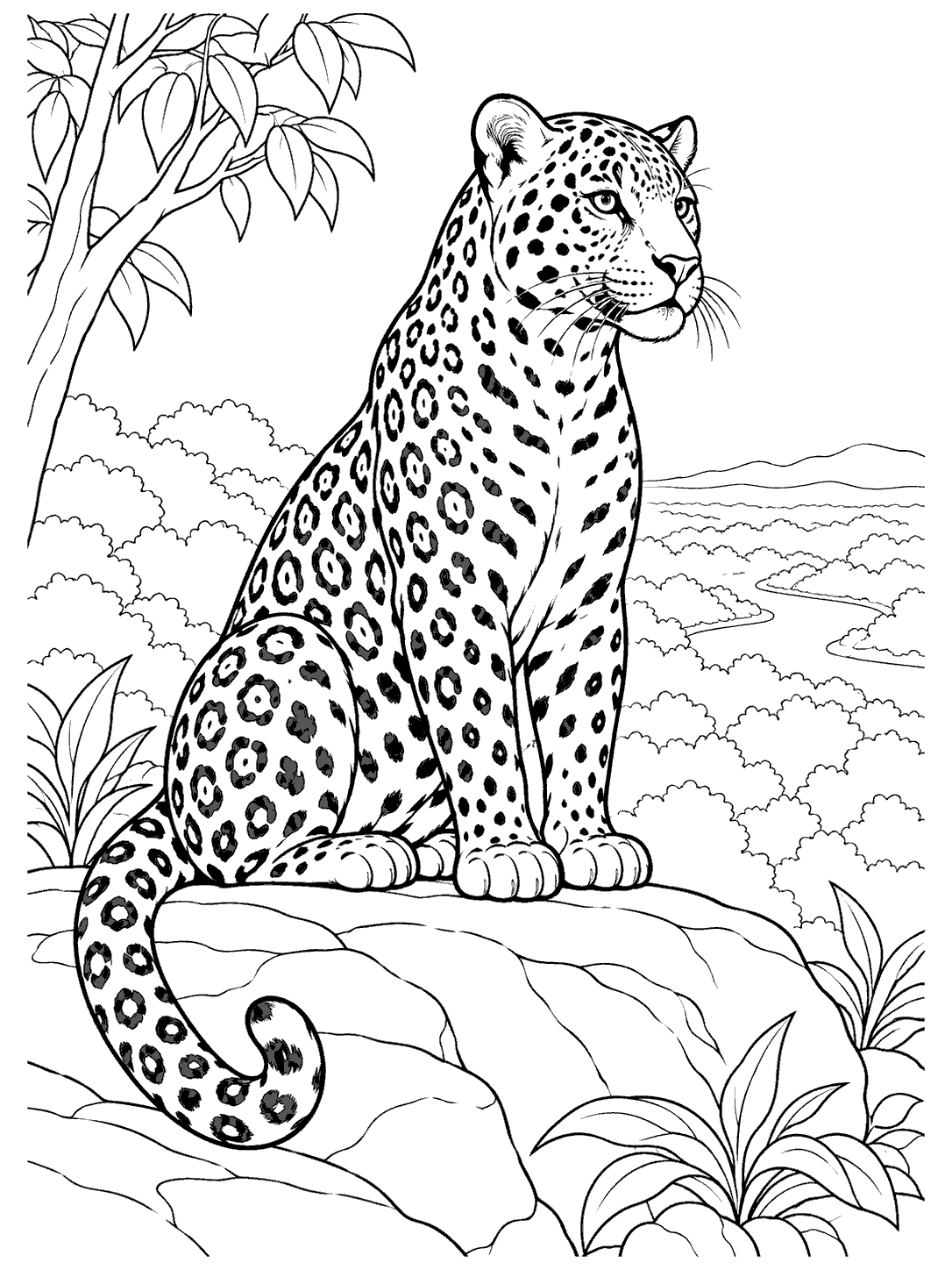 Black-outline coloring page of a seated jaguar with a curling tail on a rock, surrounded by forest plants.