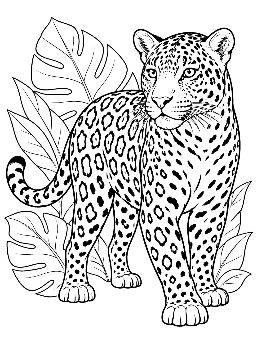 Standing jaguar with rosette markings framed by tropical leaves, coloring page