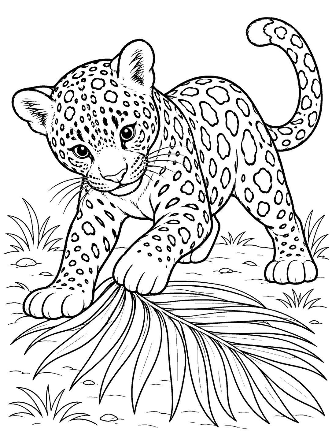 Playful jaguar cub with a palm frond coloring page