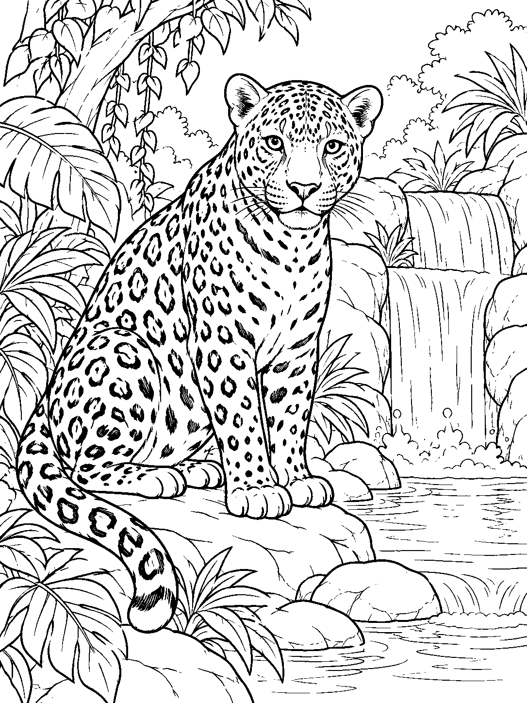 Black outline coloring page of a seated jaguar beside a rainforest waterfall and pool.
