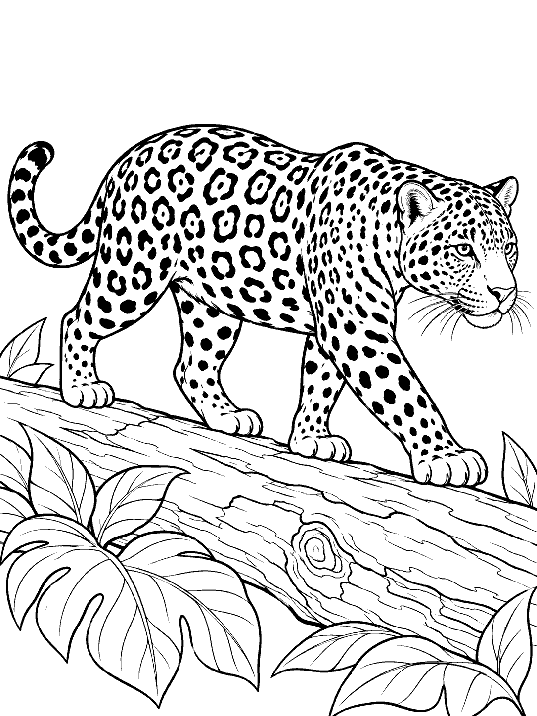 Jaguar crossing a fallen log coloring page