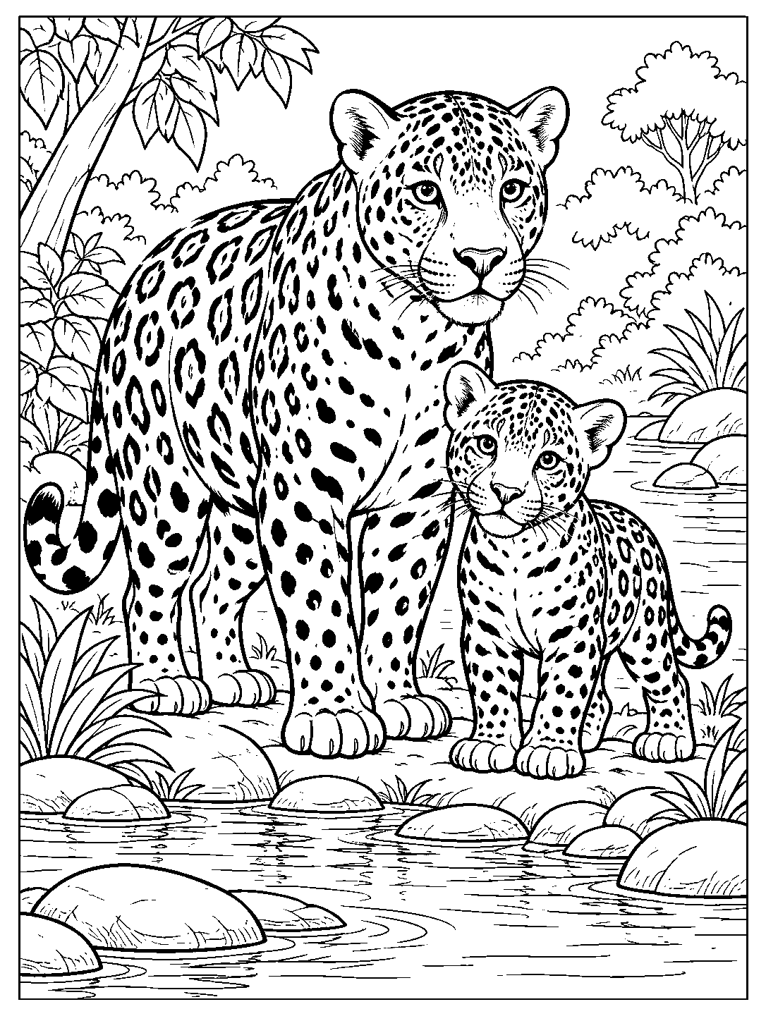 Black-outline coloring page showing a jaguar and cub beside a calm, rocky stream.