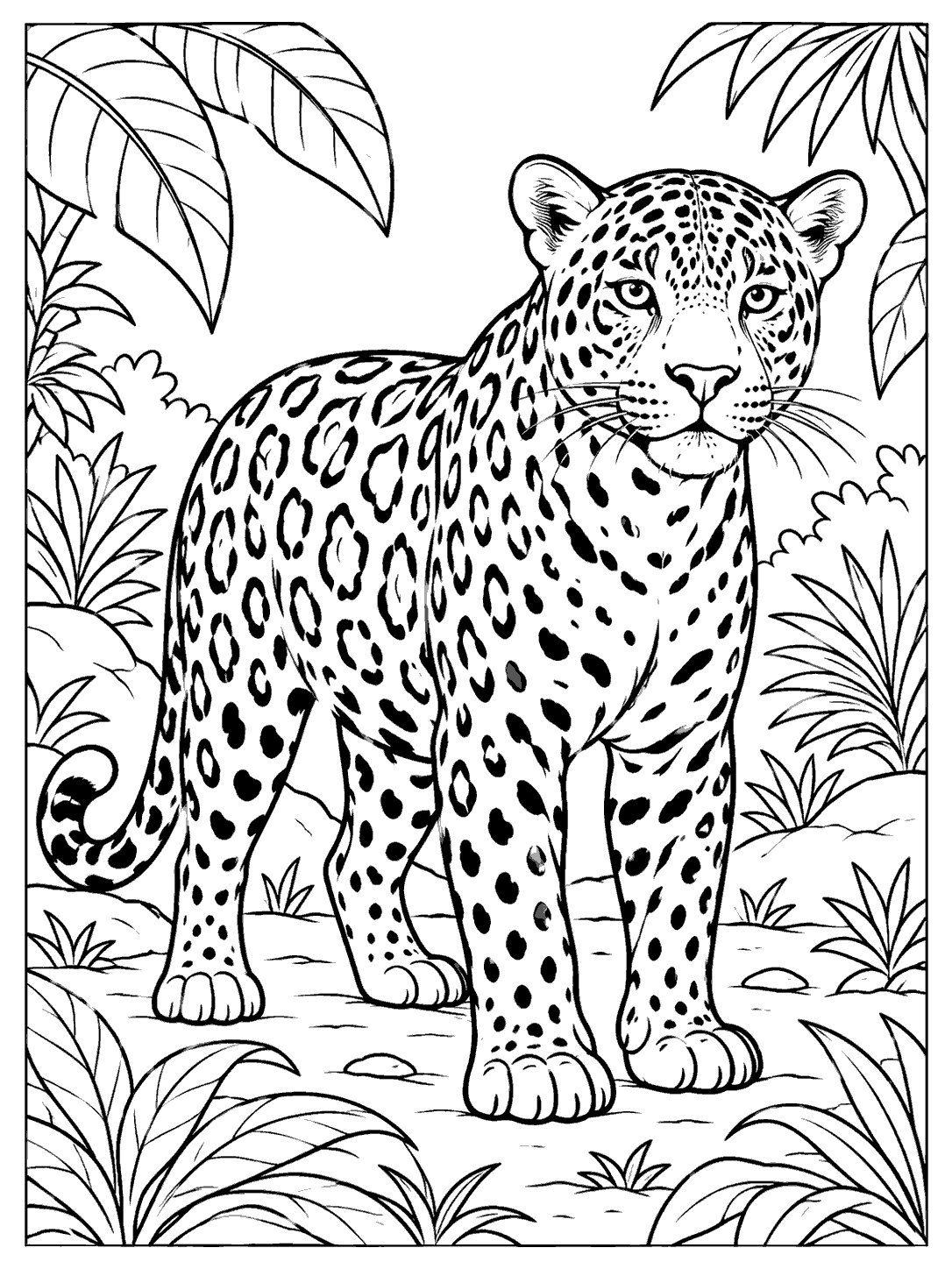Black-outline coloring page of a full jaguar standing in a jungle clearing, framed by tropical leaves.