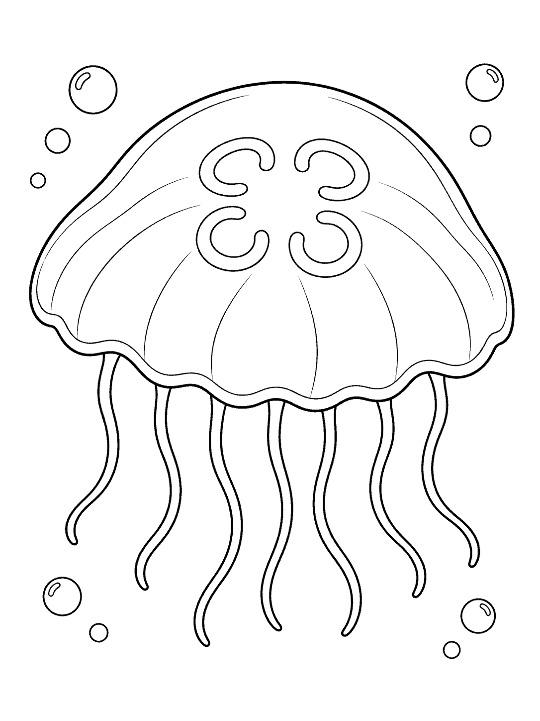 Large outlined moon jellyfish with four horseshoe markings, long fine tentacles, and bubbles on a white page.