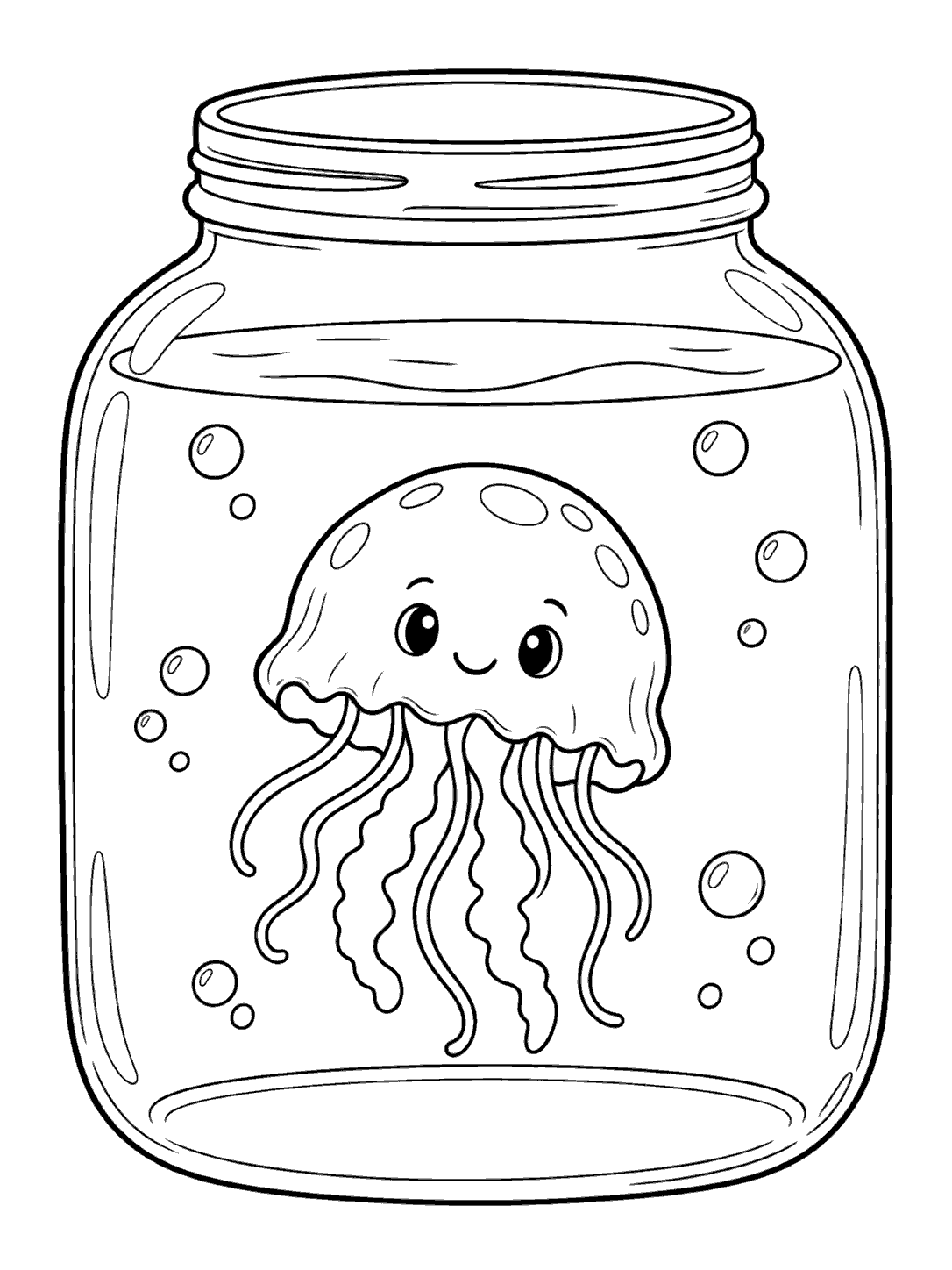 Black-outline coloring page of a smiling jellyfish floating inside a wide glass jar with bubbles.
