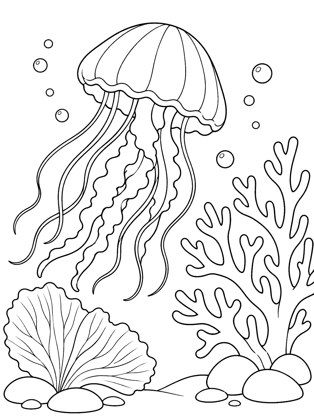 Black-outline jellyfish floating above rounded stones beside branching coral and a fan-shaped sea plant.