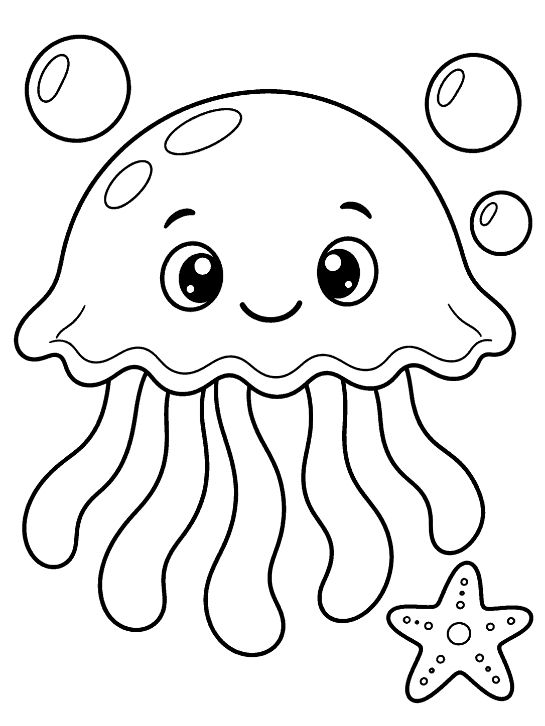 Cute smiling jellyfish with six flowing tentacles, three bubbles, and a small starfish, drawn in black outlines on white.