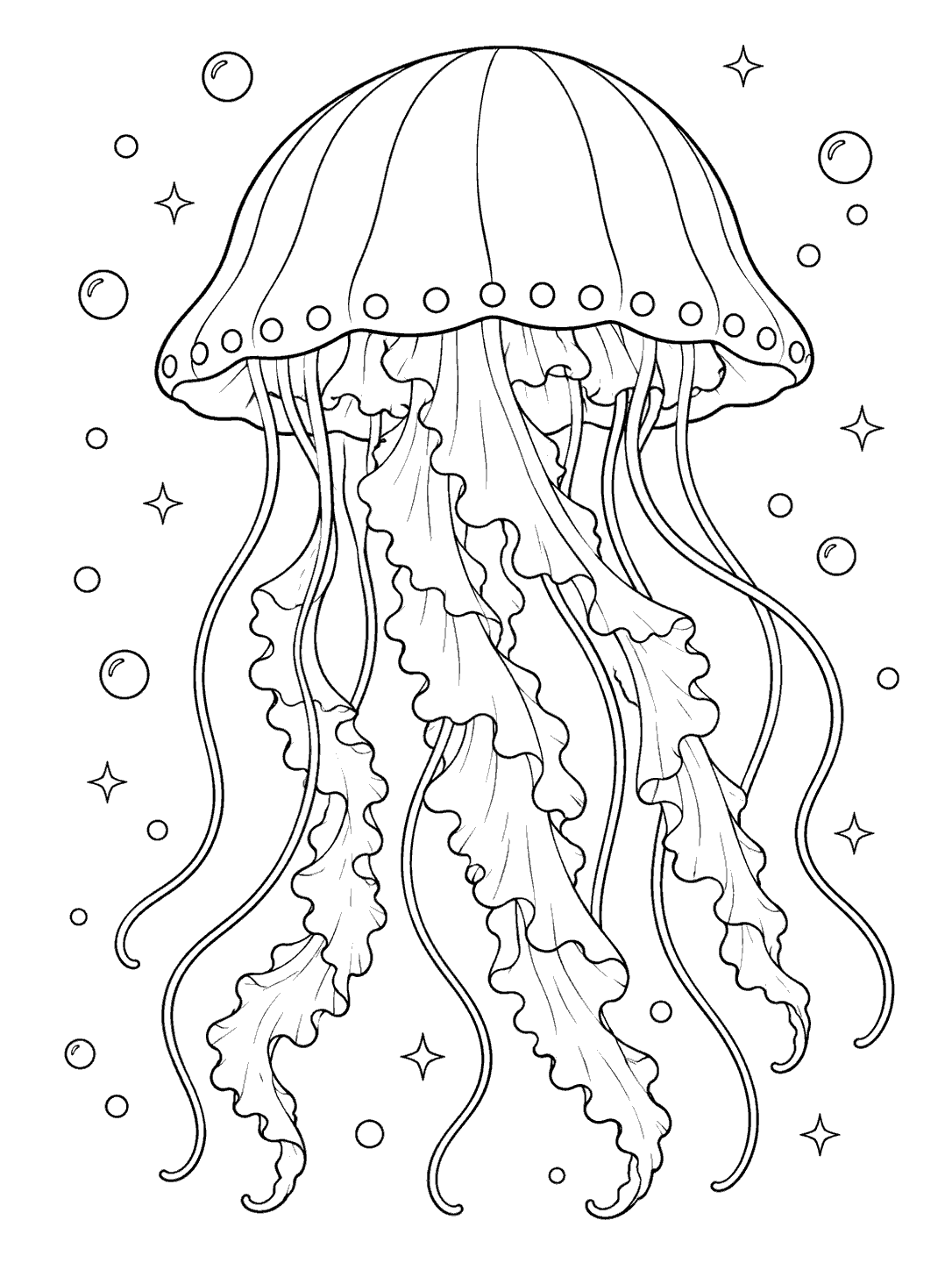 Black-and-white coloring page of a large jellyfish with a rounded, dotted bell and flowing frilled tentacles, surrounded by small stars and bubbles.