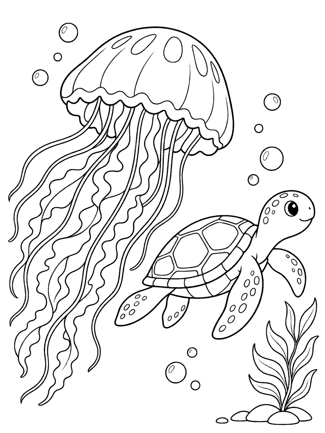A large outlined jellyfish swims beside a patterned-shell sea turtle, with bubbles and a seaweed sprig.