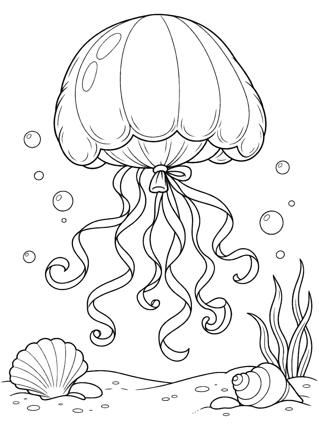 Jellyfish-shaped balloon with curling ribbon tentacles above shells and sea grass
