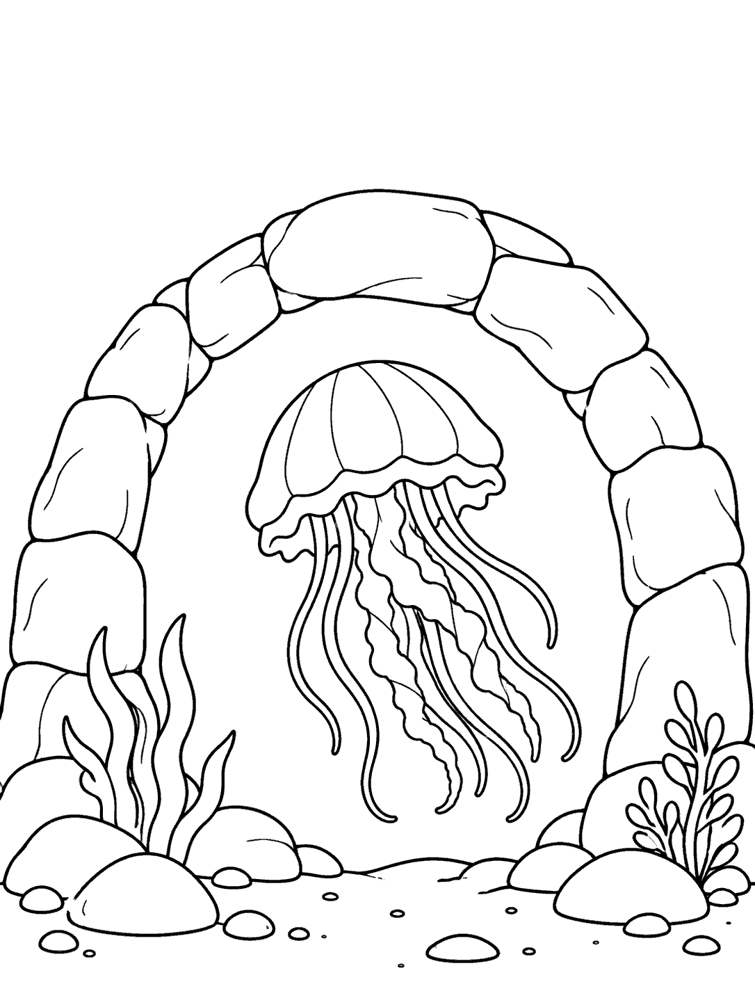 Black outline coloring page of a jellyfish swimming beneath a stone arch with sea plants and pebbles