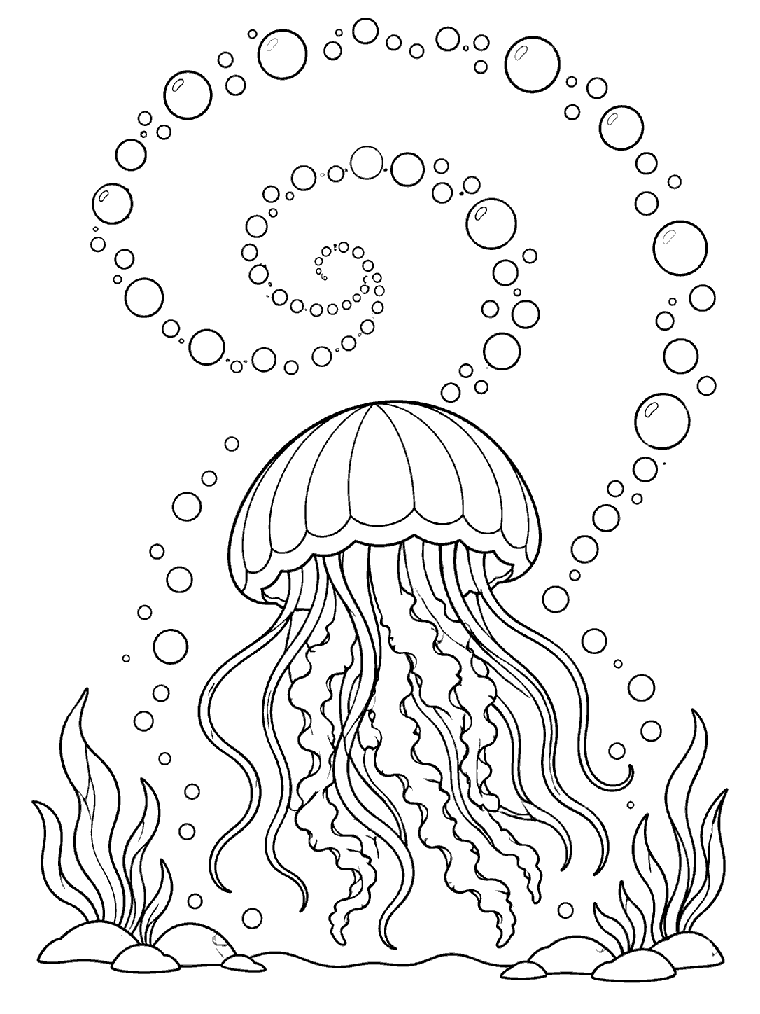 A large jellyfish with flowing tentacles beneath a broad spiral trail of bubbles, framed by small sea plants at the bottom.