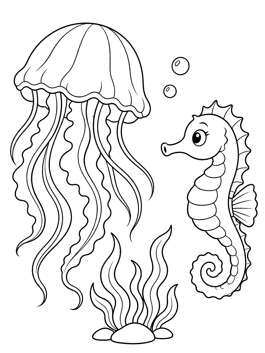 A curled-tail seahorse faces a large jellyfish with flowing tentacles, two bubbles, and a small seaweed cluster.