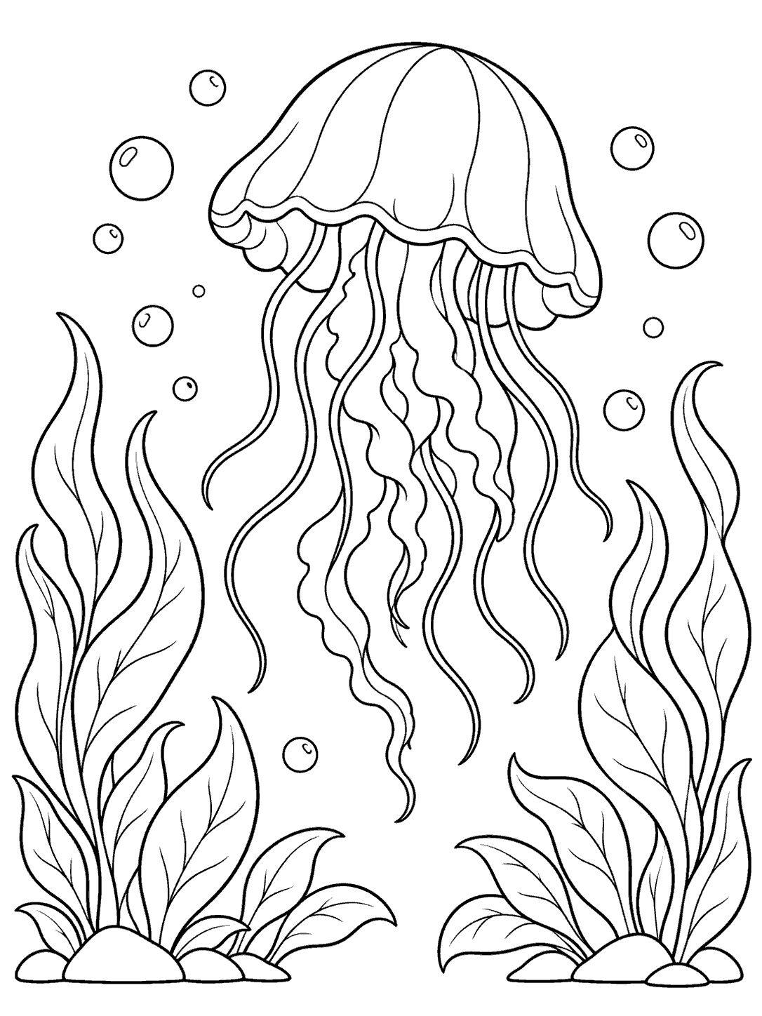 A large jellyfish with flowing tentacles above broad seaweed leaves and bubbles.