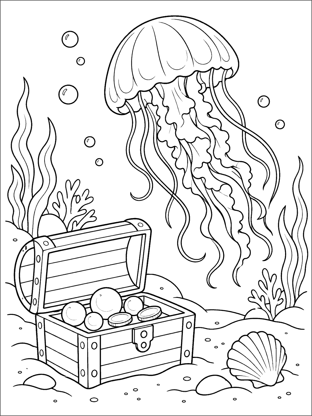 A large jellyfish floats above an open underwater treasure chest filled with pearls and two coins, with bubbles and a shell nearby.