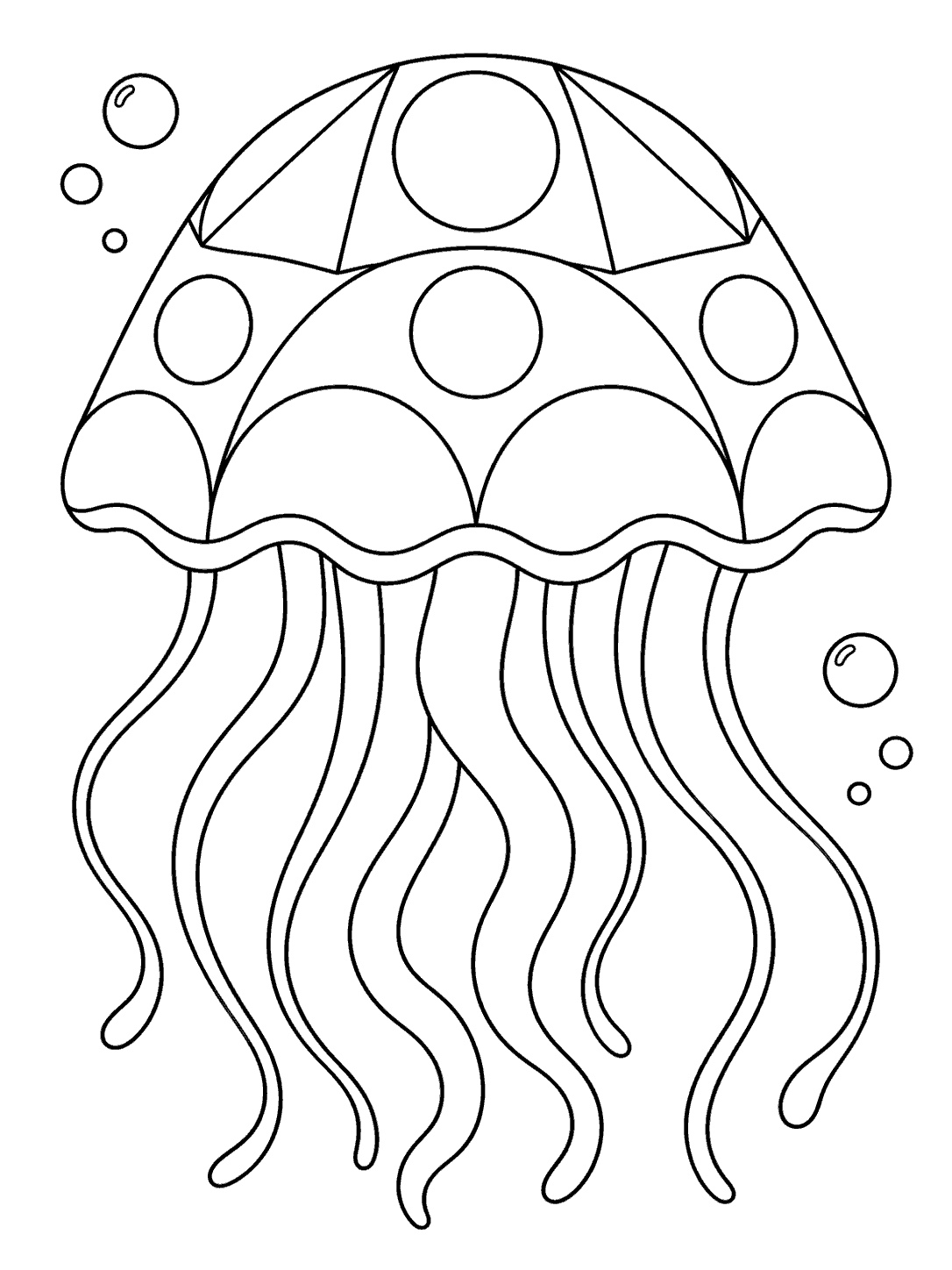 A large jellyfish with triangle and circle shapes on its bell, long flowing tentacles, and a few bubbles.