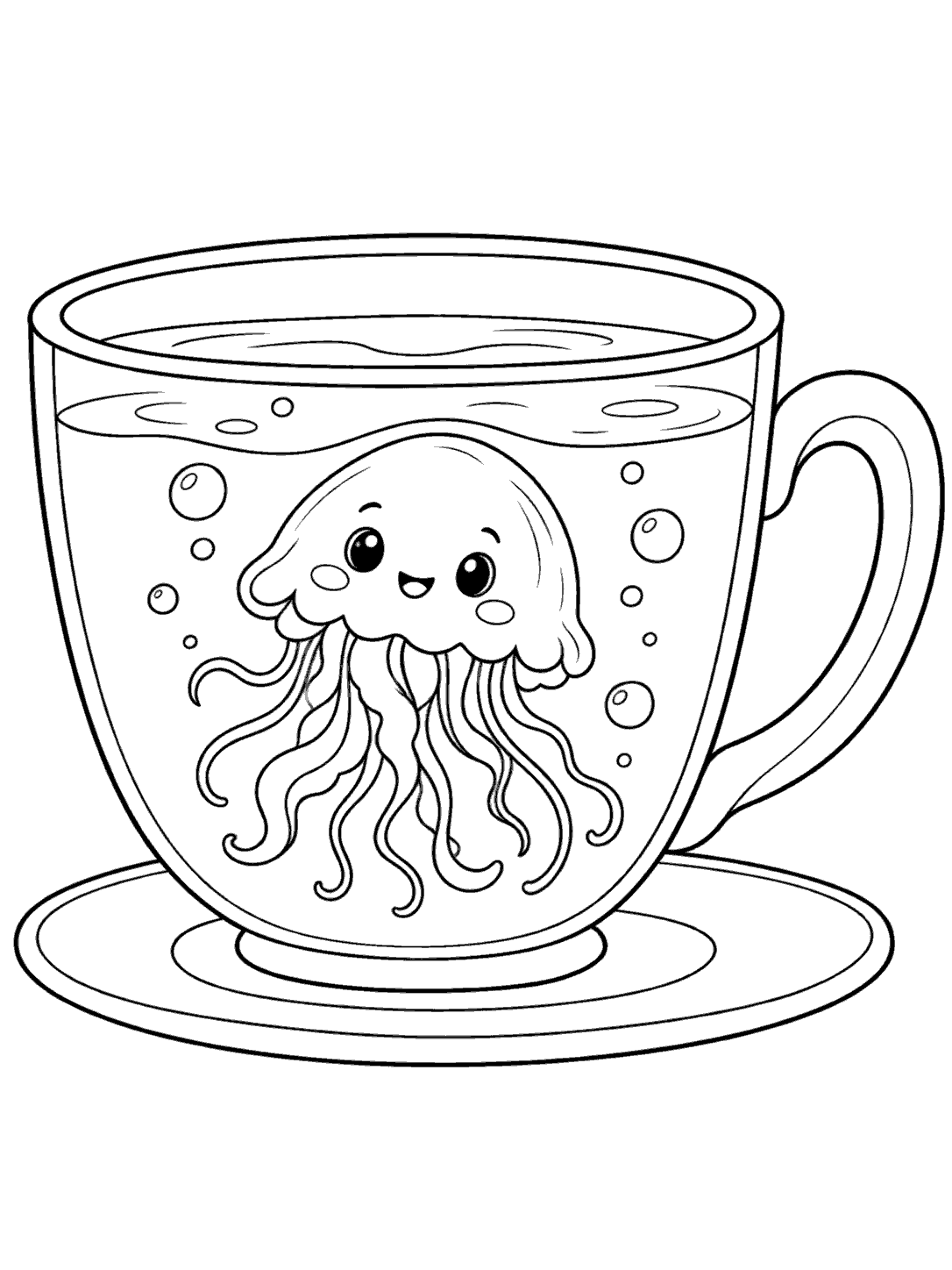 A smiling jellyfish with trailing tentacles floats inside a large teacup with a handle and saucer.