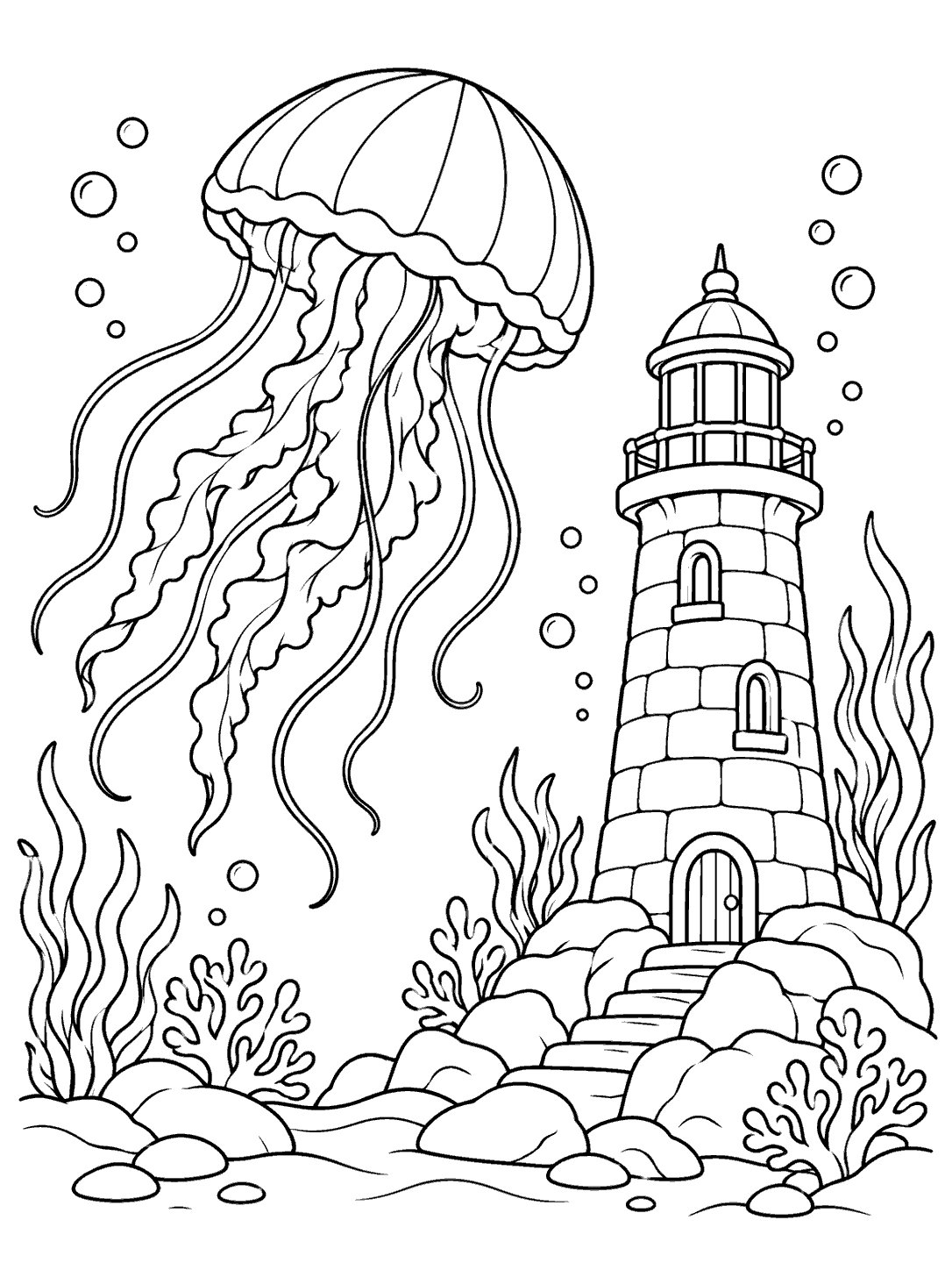 Large jellyfish floating beside a stone lighthouse, with bubbles and seabed plants