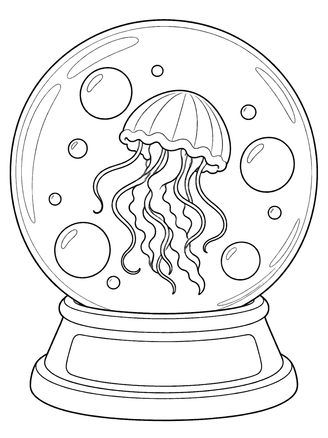 Black outline coloring page of a jellyfish and bubbles inside a round display globe on a sturdy base.
