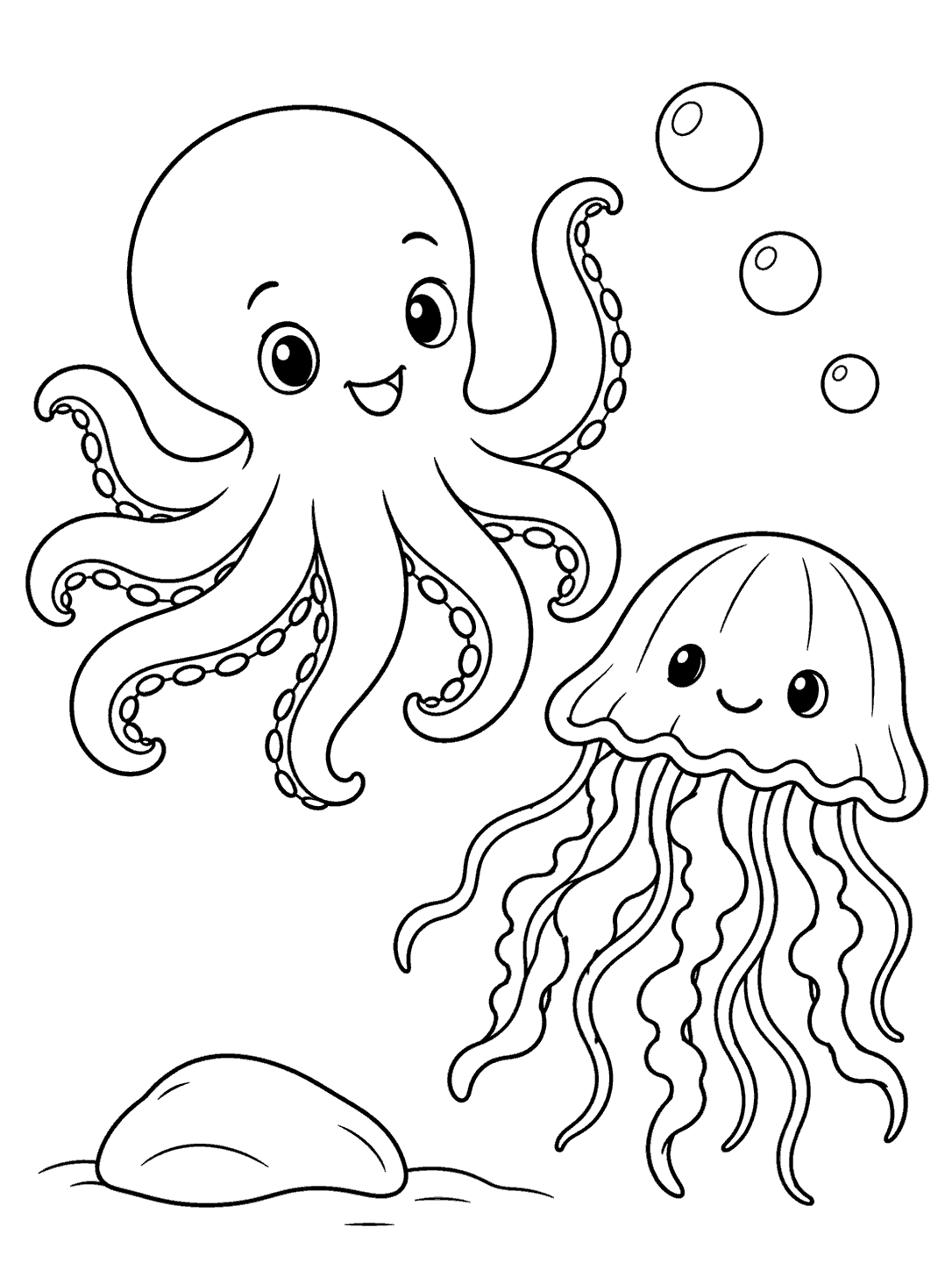 Friendly octopus waving beside a jellyfish, with three bubbles and a stone