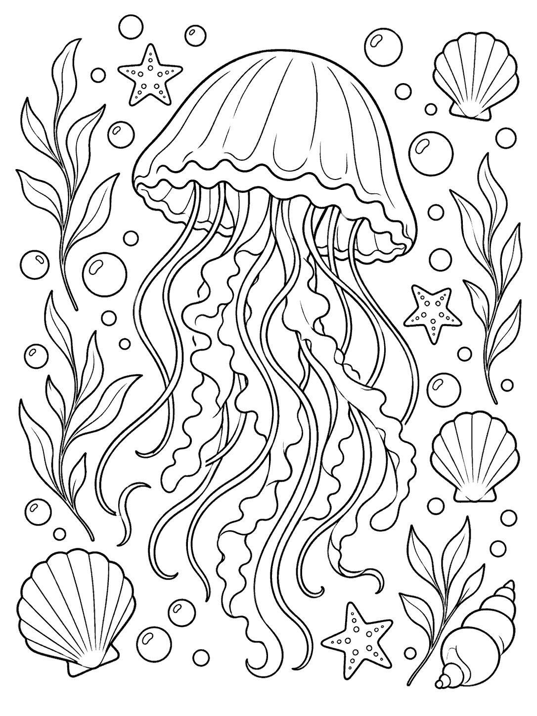 Large jellyfish with flowing tentacles among shells, bubbles, sea leaves, and stars in black outlines on white.
