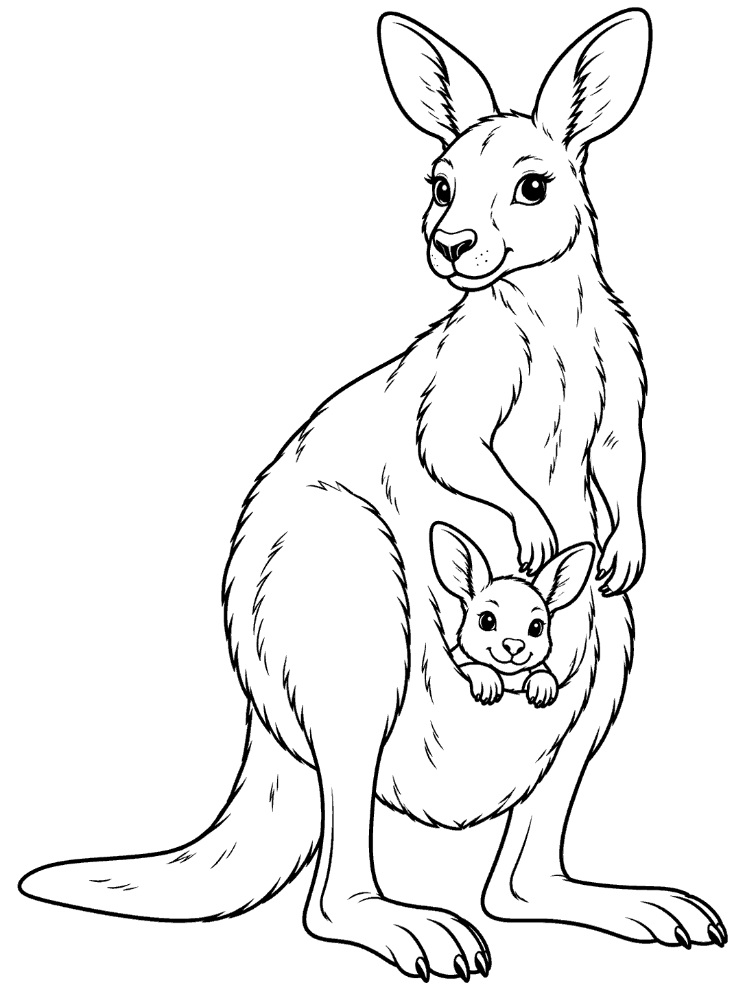 Black-and-white coloring page of a kangaroo with a joey peeking from her pouch.