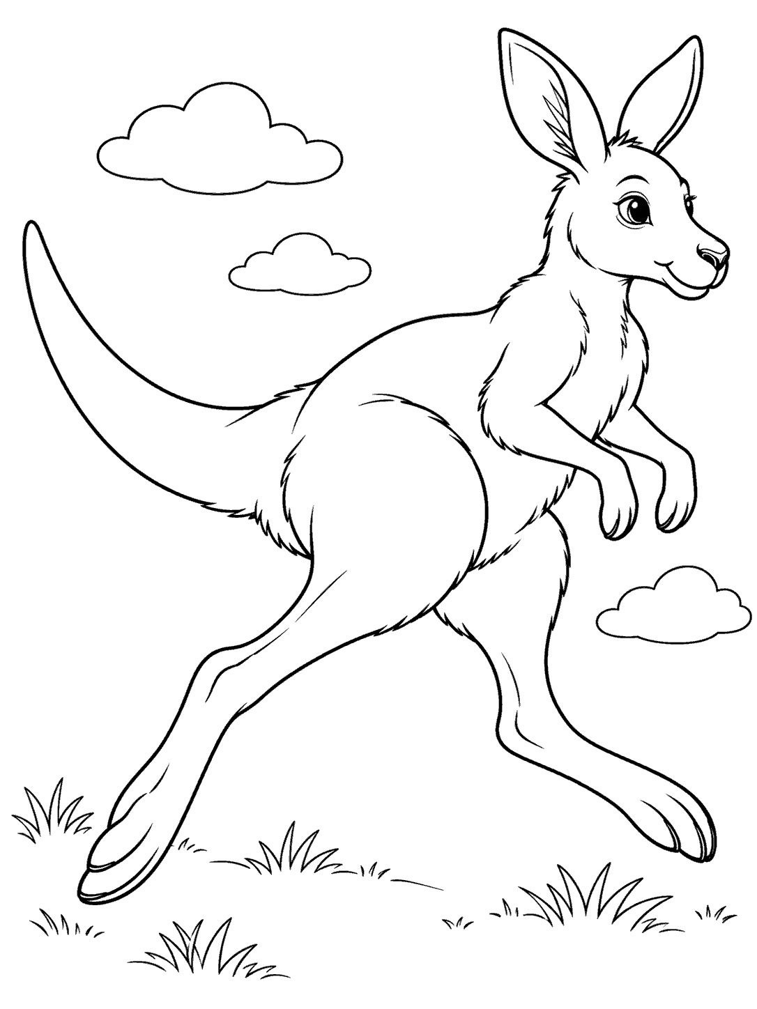Black-and-white coloring page of a kangaroo leaping with its tail extended and legs stretched apart.