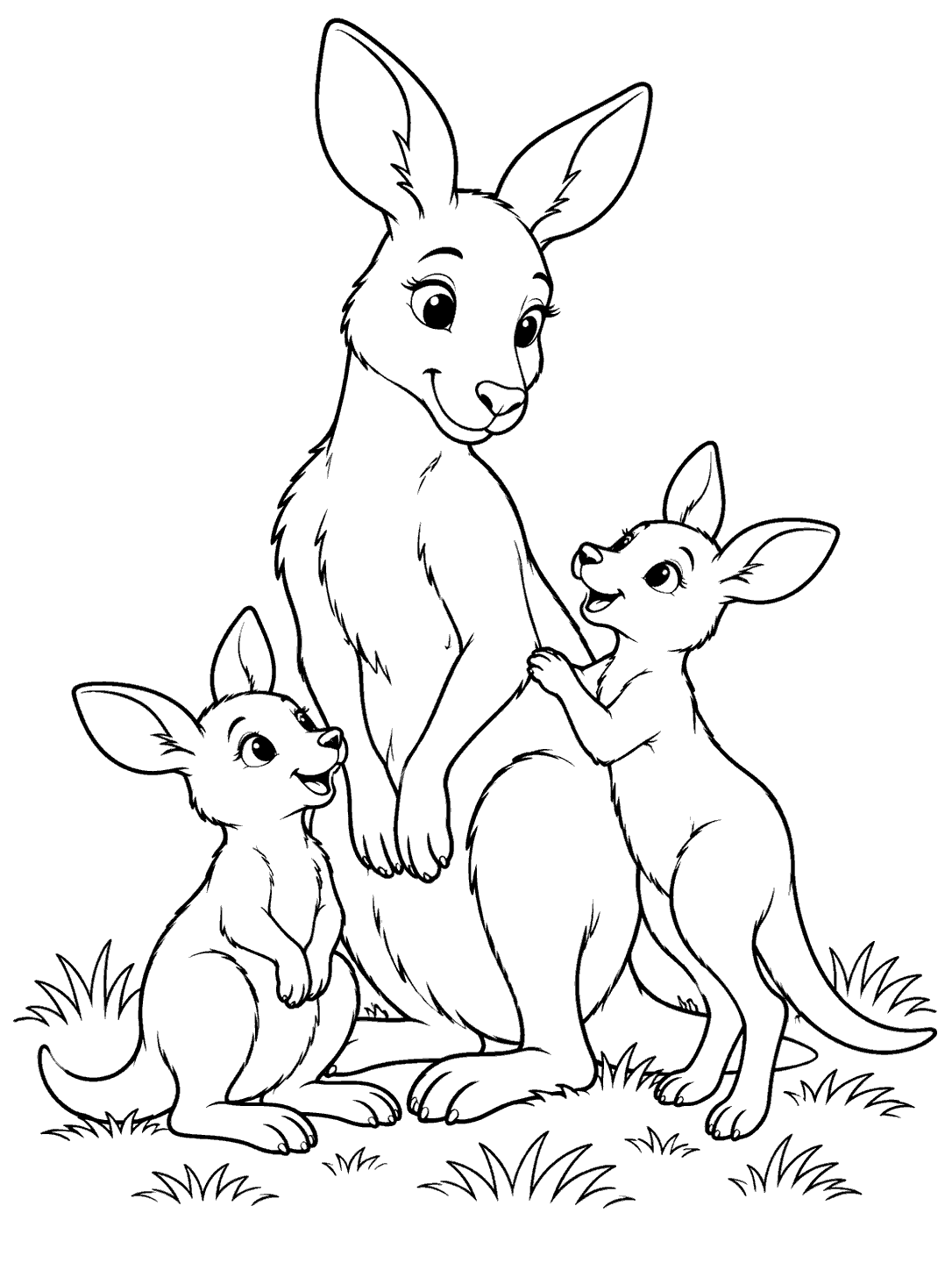 Seated mother kangaroo with one sitting joey and one standing joey on a grassy patch, coloring page.
