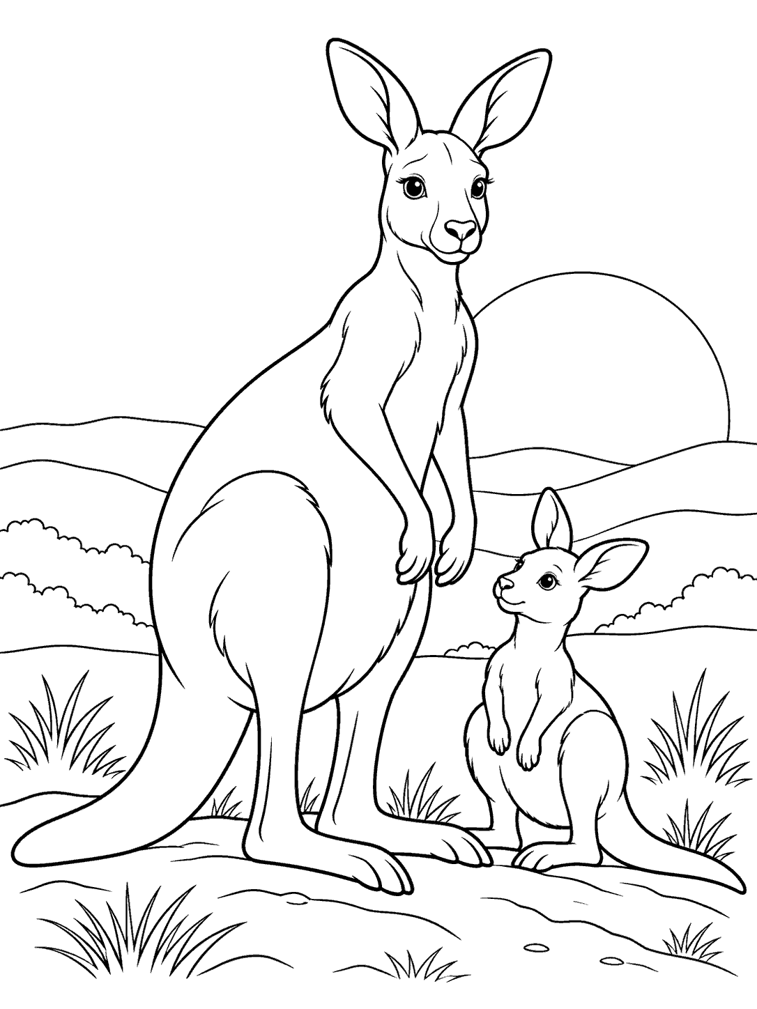 Outlined kangaroo and joey on a ridge beneath a setting sun, with layered hills and grasses, in a coloring page