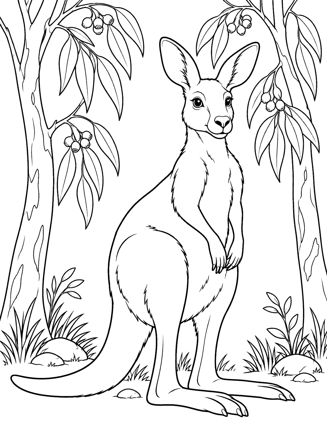 Kangaroo standing among eucalyptus trees in a black-and-white coloring page