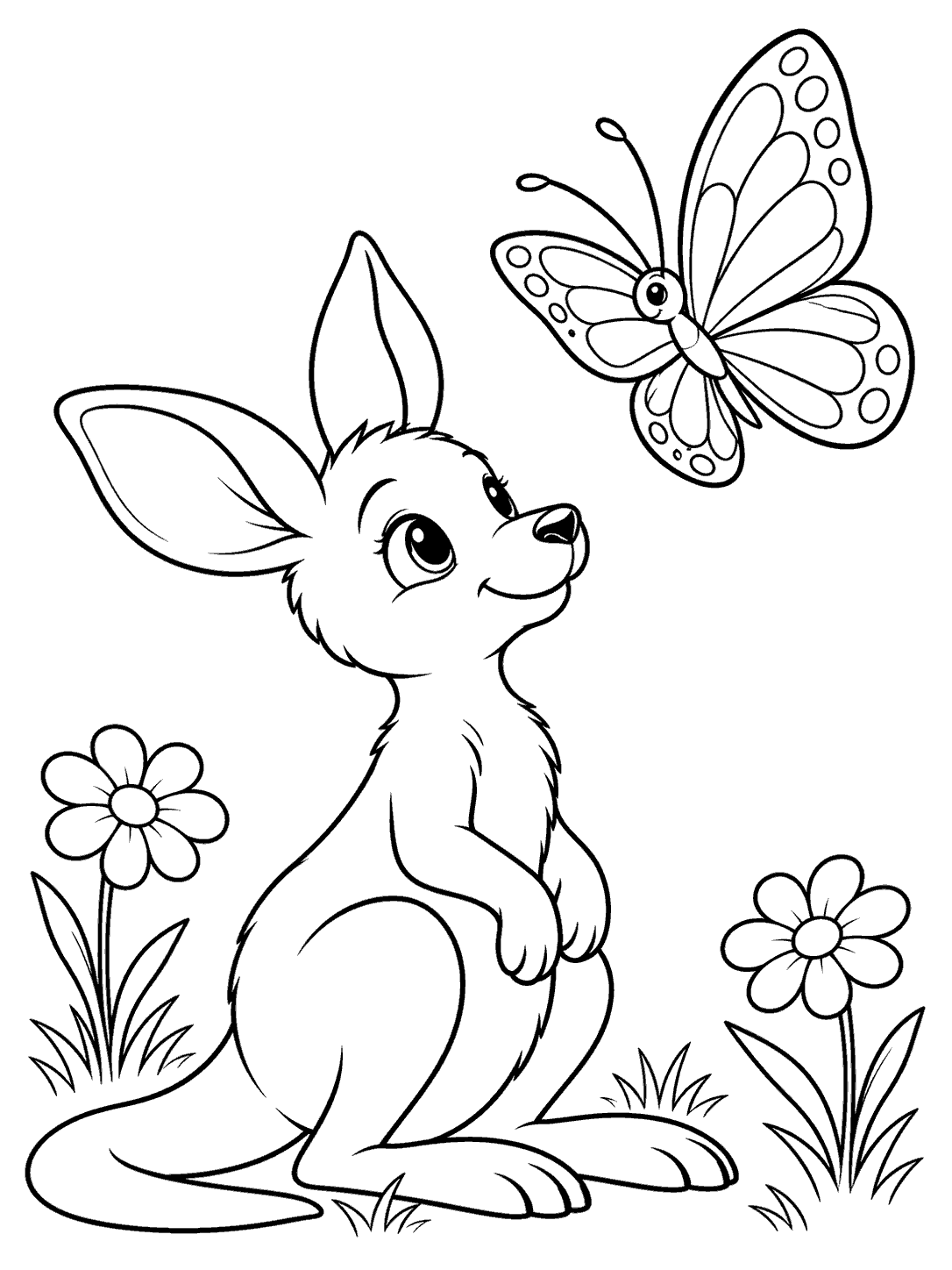 Seated kangaroo joey looking up at a large butterfly, with flowers and grass in a black-and-white coloring page.