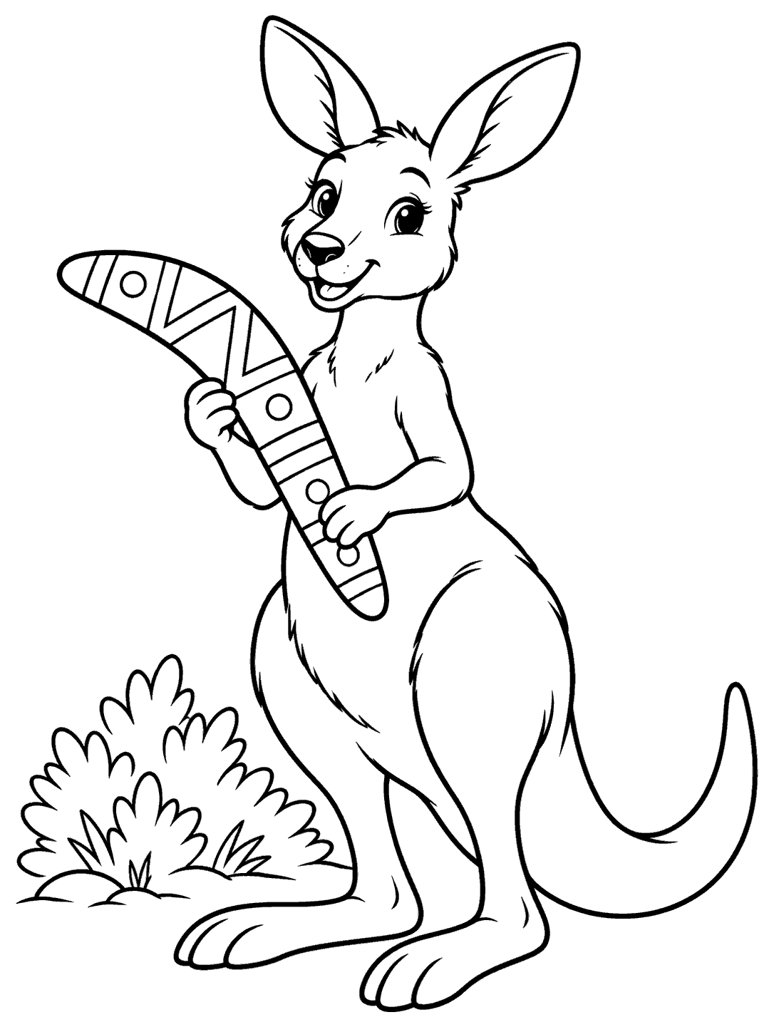 Black-and-white coloring page of an upright kangaroo holding a patterned boomerang beside a shrub