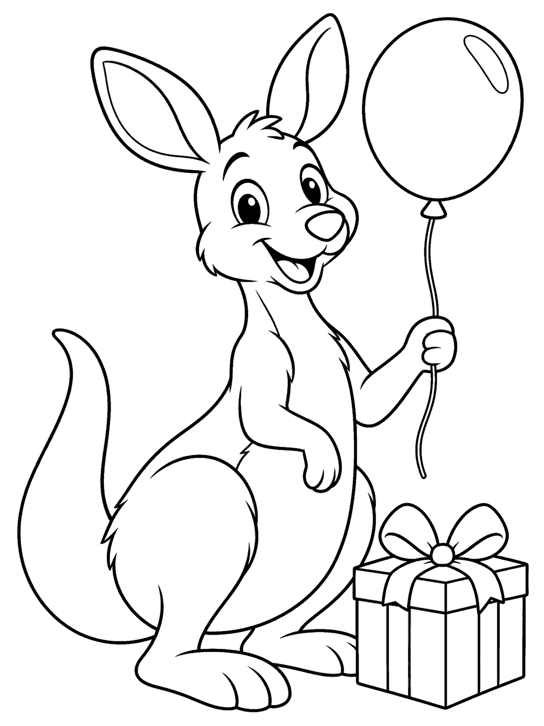 Kangaroo with balloon and birthday gift coloring page